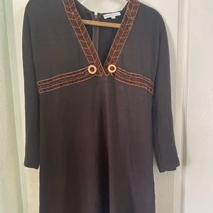Parameter Dark Brown Sweater Long Sleeve Dress With Velvet Trim
